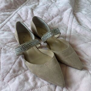 NINA Beige Suede Pointed Flats with Crystal Mary Jane Strap